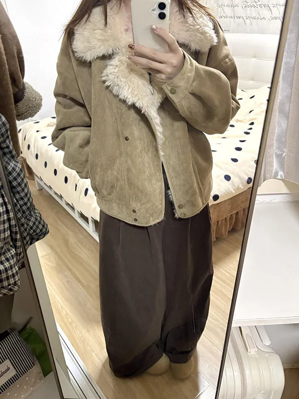 

Ретро-куртка из замши для женщин, утепленная, повседневная, короткая, с меховым воротником, весна 2026, новинка