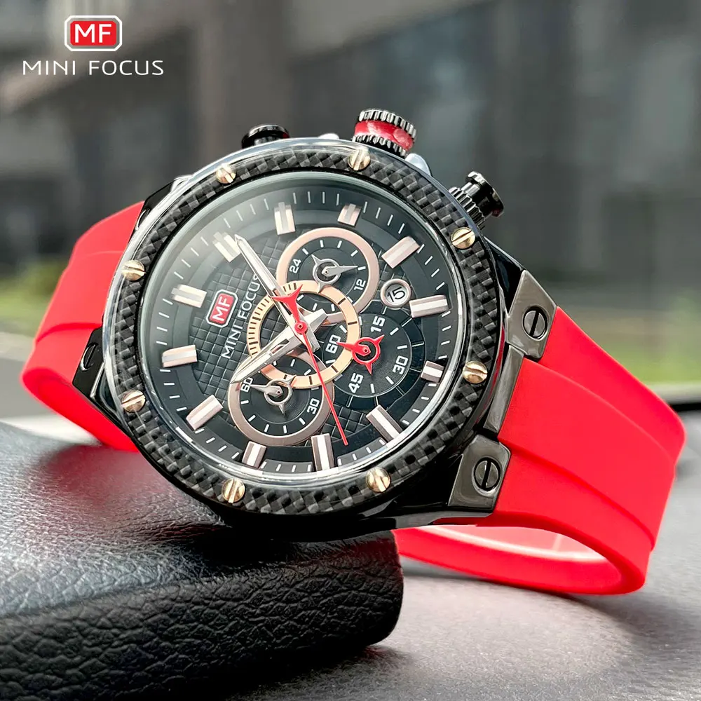 MINI FOCUS Red Sport Watch for Men Fashion Waterproof Silicone Strap Chronograph Quartz Wristwatch with Date Luminous Hands 0468