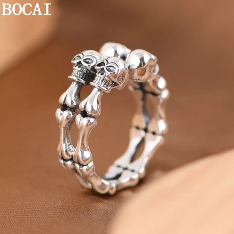 BOCAI NEW S925 Silver Retro Punk Neutral Design Bone Skull-Head Open Ring for Men Trendy Jewelry Accessories