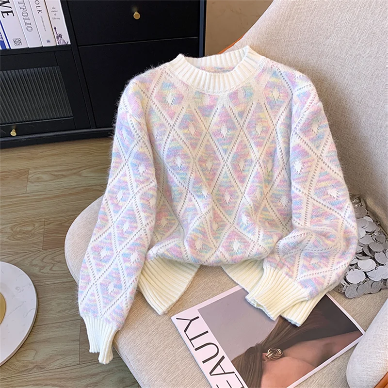 

Fashion Plaid Knit Pullover Sweater Tops Women Spring Autumn New Round Neck Long Sleeve Ladies Knitwear Loose Casual Pink Green