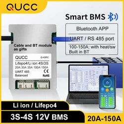 QUCC 16.8V 14.6V Lifepo4 Smart BMS 4S 12V 20A 30A 35A 100A 150A APP Bluetooth regulowana płyta ochronna balansu parametrów