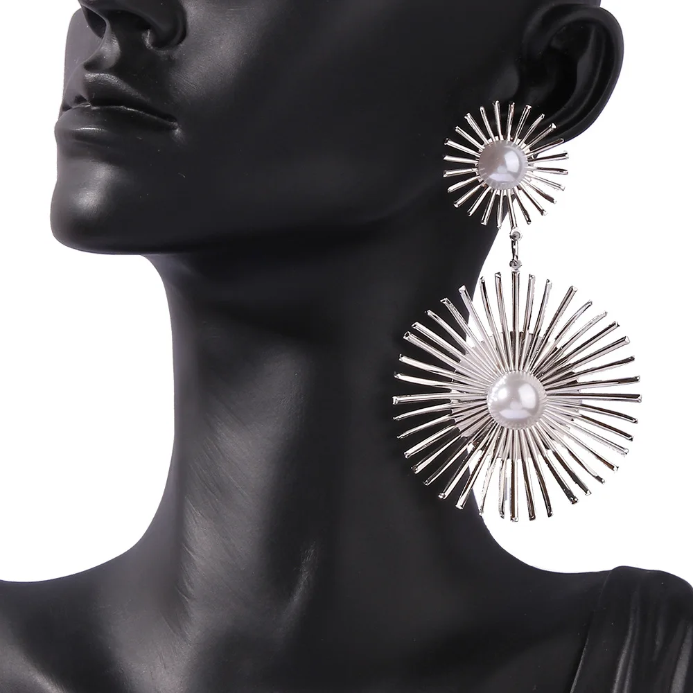 2024 Exaggerated Long Drop Earrings for Women Big Pearl Round Dangle Earrings Wild Sun Earings Brincos Female Fashion Jewelry
