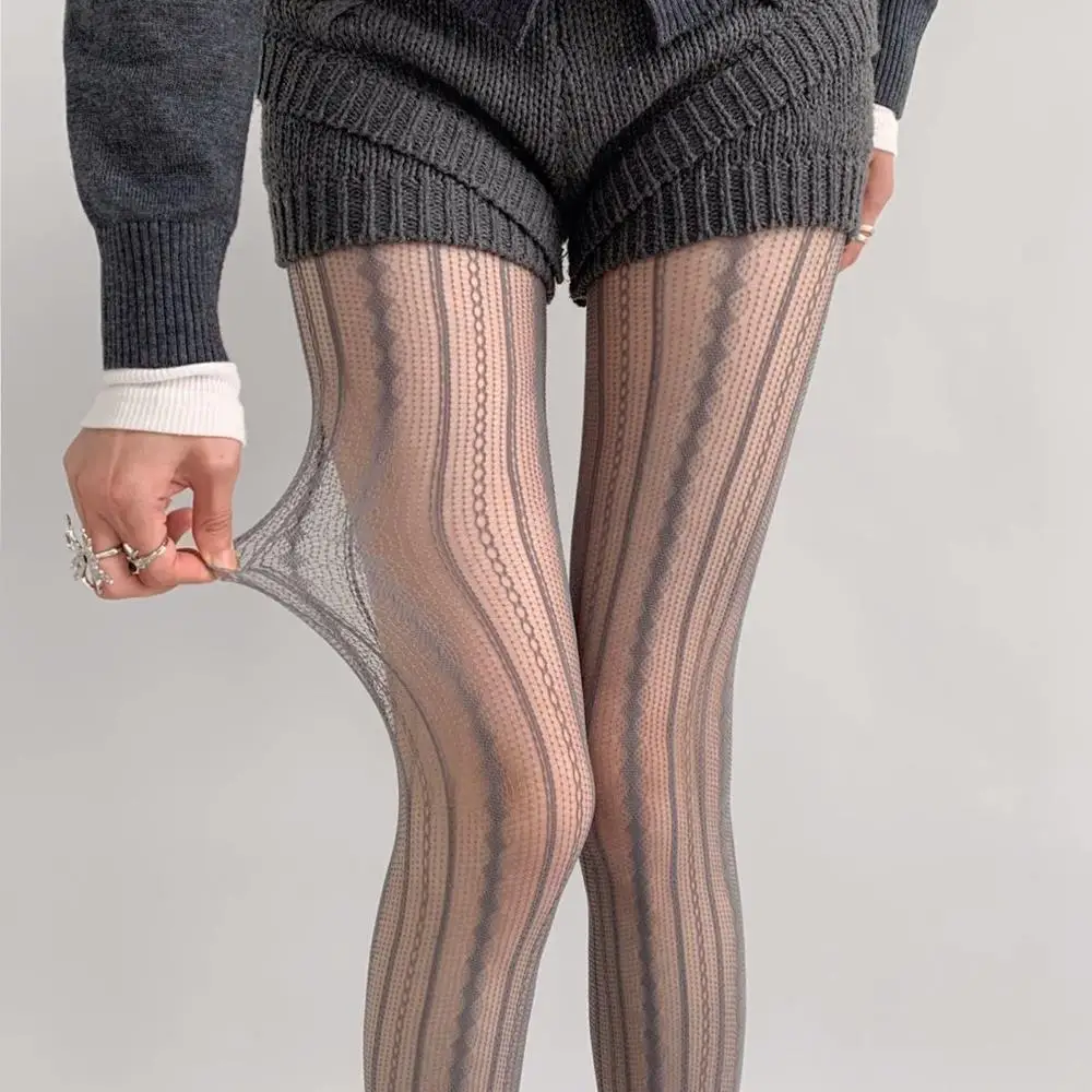 Women Silk Stockings Sexy Tights Thigh-High Leggings Stockings Fishnet Striped Mesh Hollow Vertical Striped Pantyhose Hosiery