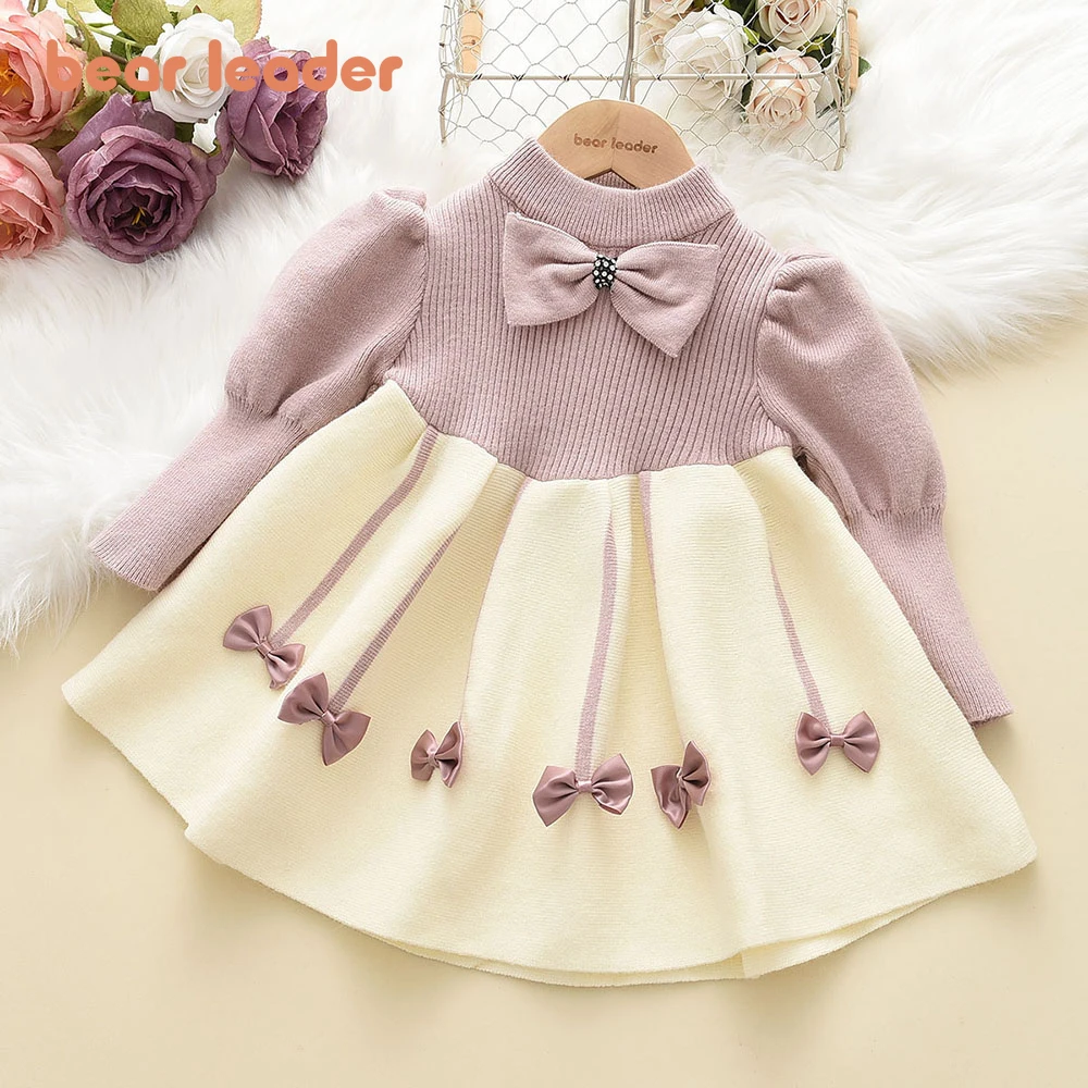 Bär Führer Neue Mädchen Pullover Kleid Kinder Winter Stricken Kleidung Lange Ärmel Casual Outfits Bogen Kleinkind Prinzessin Party Kleider