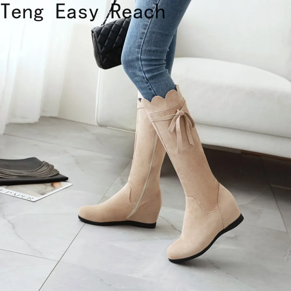 Faux Suede Wedges Plush Keep Warm Winter Long Boots Knee-High Fashion Gladiator Bowknot Boots Beige Black