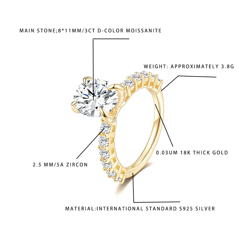 

3CT D-Color Moissanite Ring 8*11MM S925 Silver 18K Gold Plated Zircon Women Engagement Jewelry