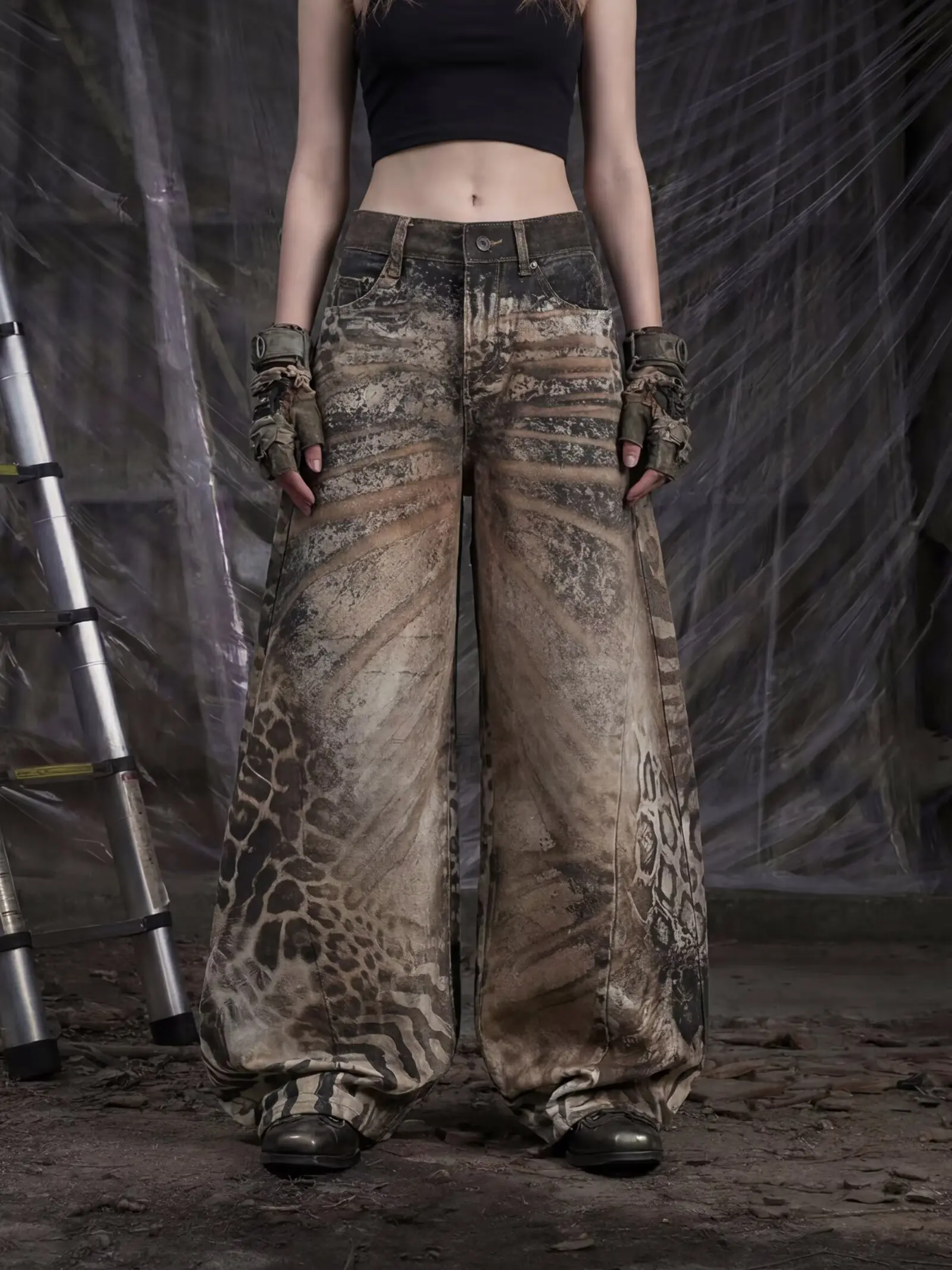 American 3D Printed Spot Leopard Pattern Vintage Loose Wide Leg Knife Jeans Casual Pants Men Women Style Casual Hiphop Wear