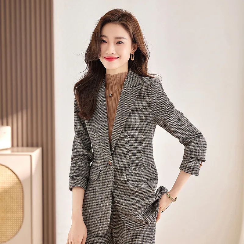 2023 Houndstooth Design Small Suit Women's Business Wear Fashionable Elegant Leggings Bell-Bottom Pants Suit Wholesale