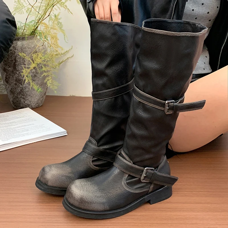 Women Mid Calf Boots Distressed PU Leather Buckle Straps Low Block Heel Round Toe Autumn Winter Casual Fashion Biker Boots Shoes