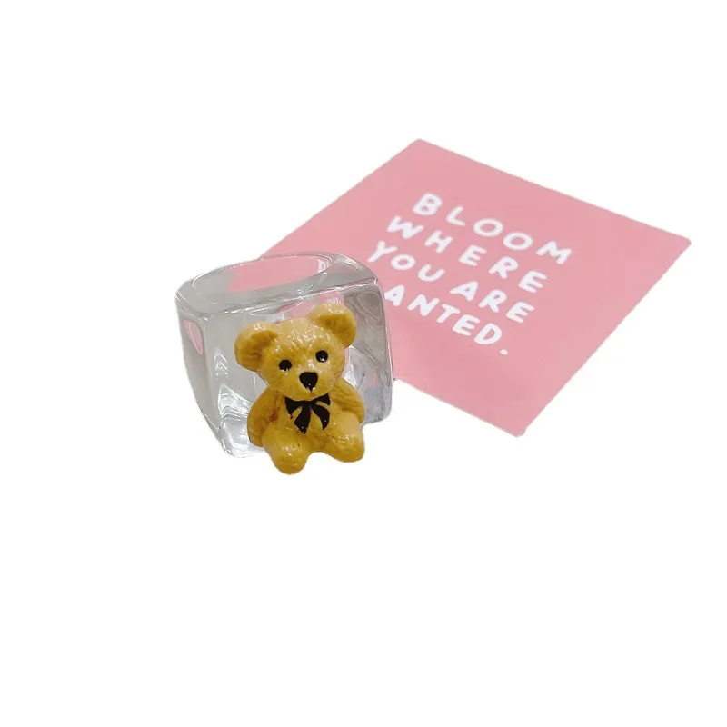 Funny Cute Bear Cartoon Animal Transparent Geometric Square Resin Acrylic Ring For Women Travel Party Vintage Jewelry Korean INS