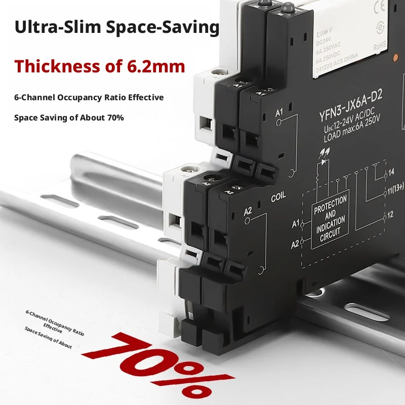 Compact 6-Pole Relay, 6.2mm Thick, 6A Switching Capacity, LED Status, Quick-Connect Terminals, High-Density