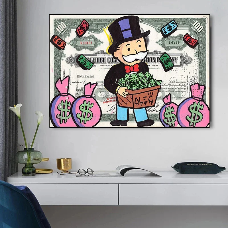 Alec Monopoly Rich Man Money Art Canvas Painting 100 $ Cash Cartoon Poster and Print Wall Art Picture for Living Room Home Decor