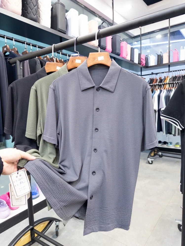 

Busin Faion Men's ort Sve irt Texture High-end Fabric Naked Ice Skin Elastic Collar Summer Casual Urban Sle