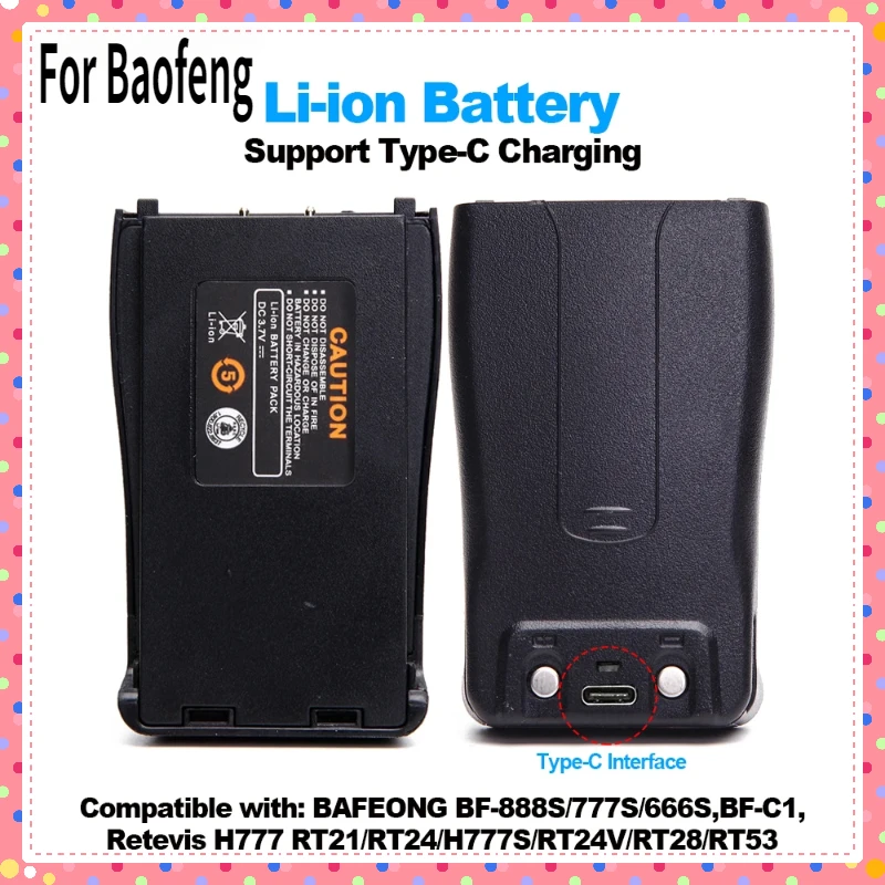 New For Baofeng BF888S Walkie Talkie Battery Able Type-C Charging BF-888S/777S/666S/ BF-C1 Tow Way Radios Extra Battery