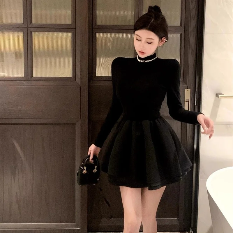 Women Chic Mock Neck  Mini Dress Lady  Black Solid Color Long Sleeve Dress Female  Daily Premium Elegant  Concise  Dress