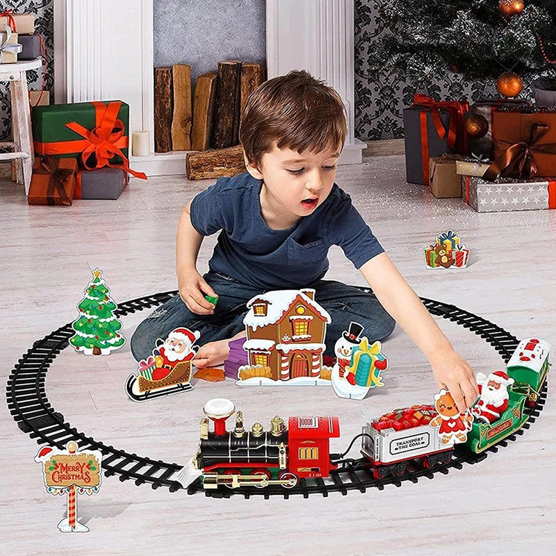 Christmas Train Electric Toys Christmas Tree Decoration Train Track Frame Railway Car with Sound&Light Rail Car Christmas Gifts