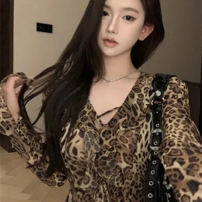 Y2K Leopard Print Slim Irregular Shirt Tops Spring Summer New Long Sleeve Printing Sexy Blouse Vintage Fashion Women Clothing