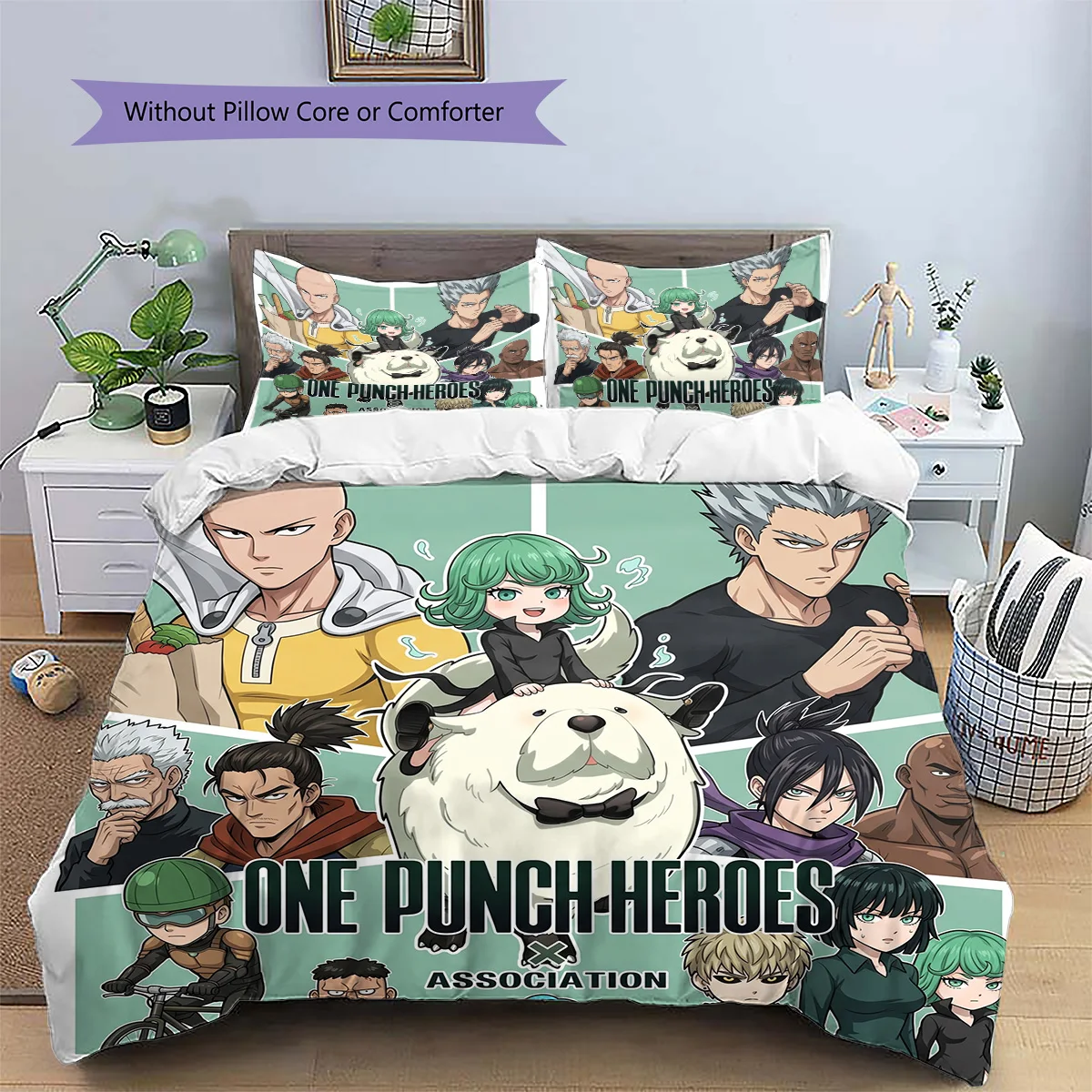One Punch Man Patterned Pillowcase & Duvet Cover Set Anime Style Gift for Enthusiasts Bedroom Bedding Decor Set YUN6518