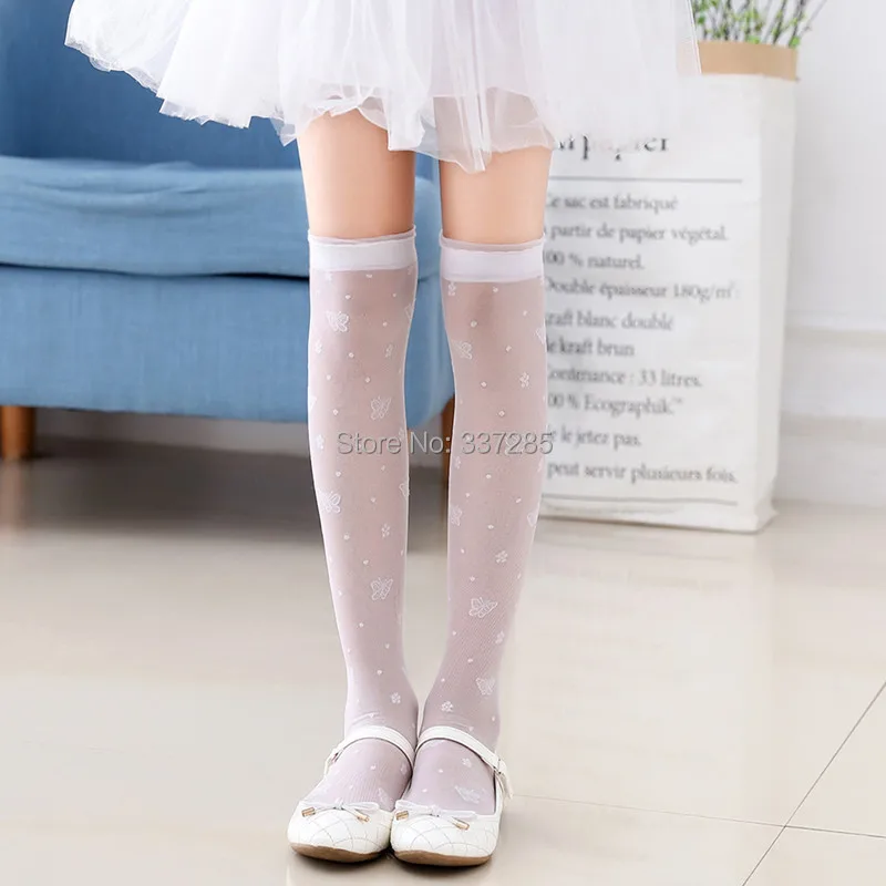 Summer Ultra-thin transparent girls White school socks Kids lace dot Cat Butterfly over Knee High Socks for baby infant princess