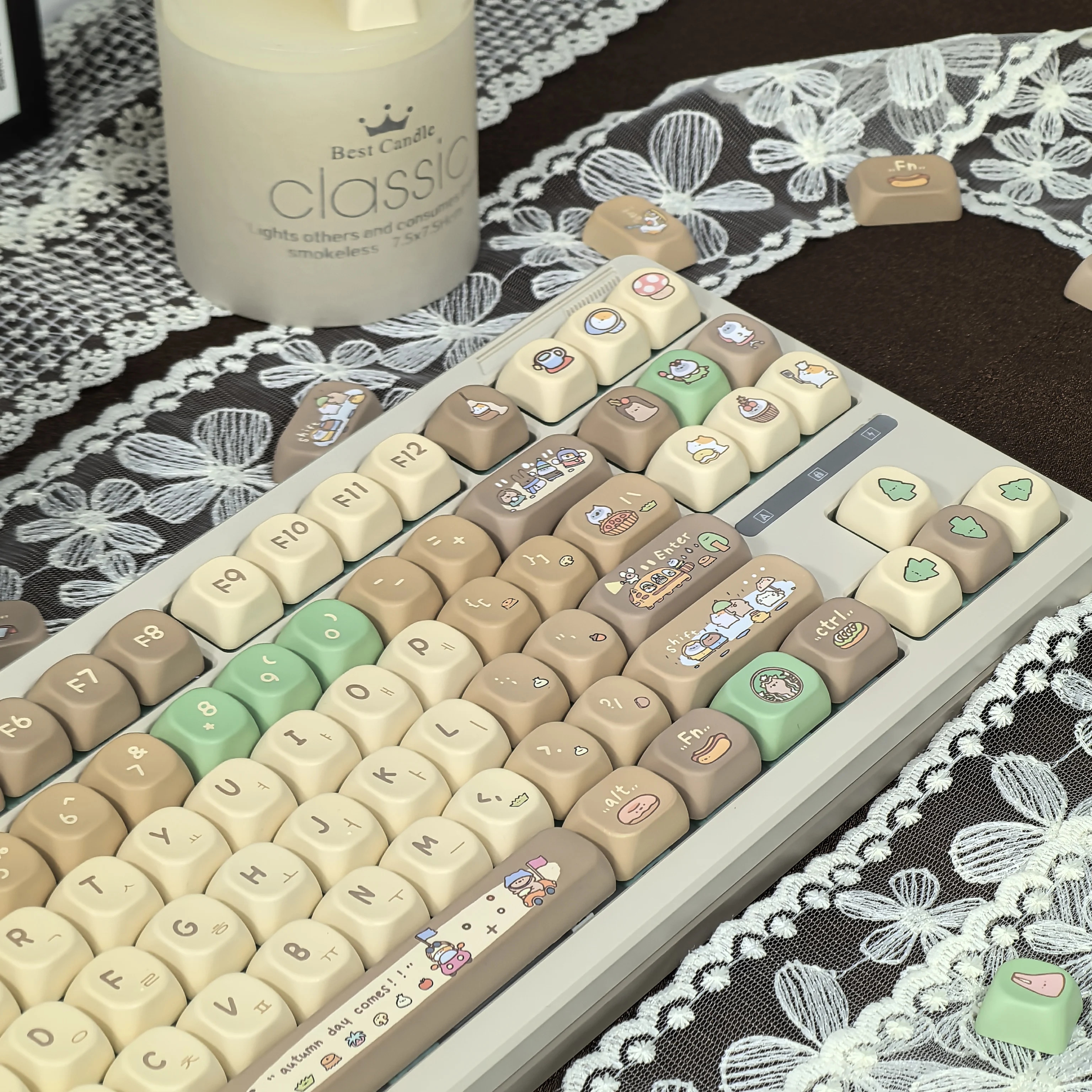 Imagem -04 - Bonito Khaki Pbt Moa Cocoa Bean Leite Keycap Teclado Mecânico Faça Você Mesmo Cabide Castanho Verde Desenhos Animados Coreano Russo 127key