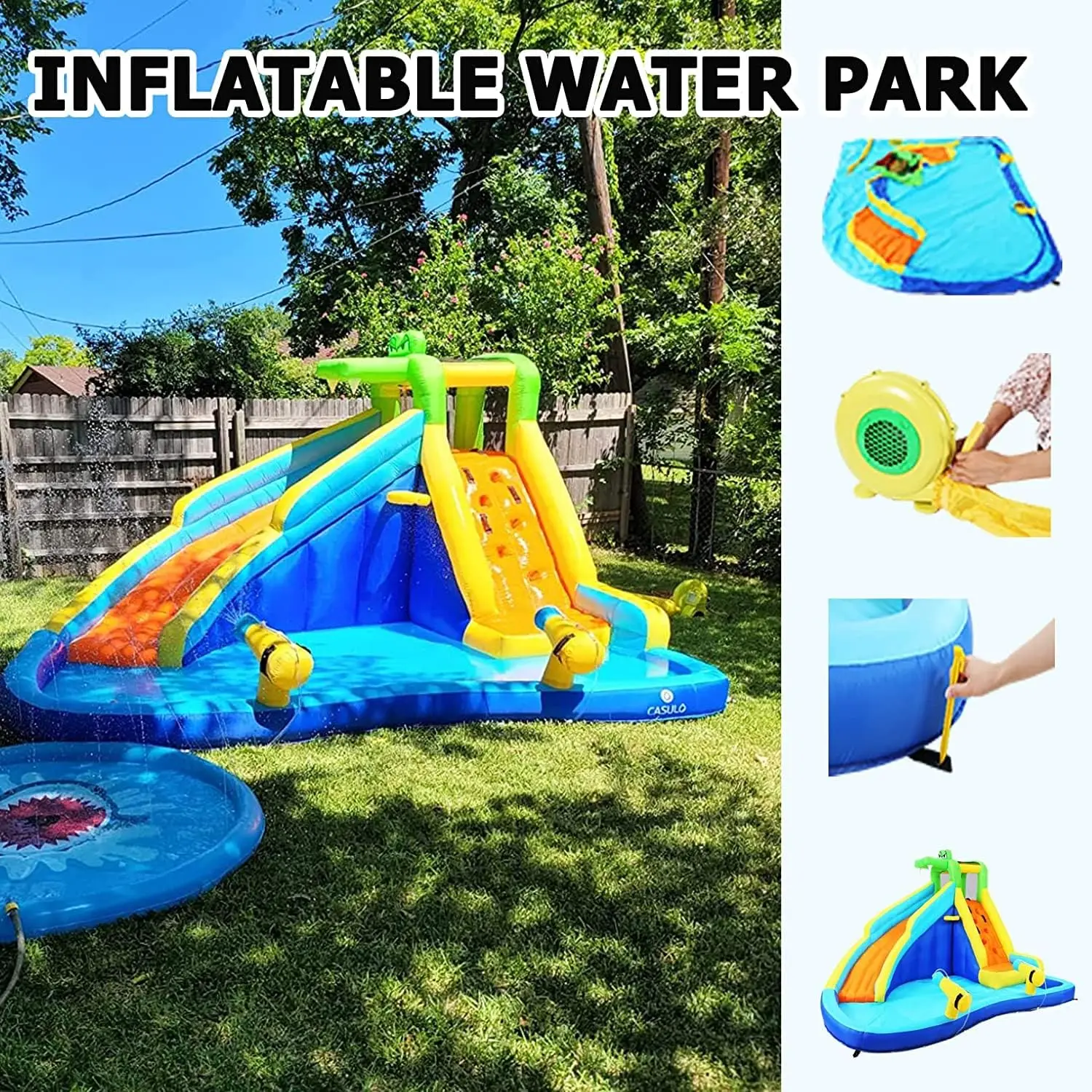 Corrediça de água inflável, parque aquático inflável ao ar livre 8 em 1 com escalada, aro de basquete, piscina de respingo, canhão de água, explosão W