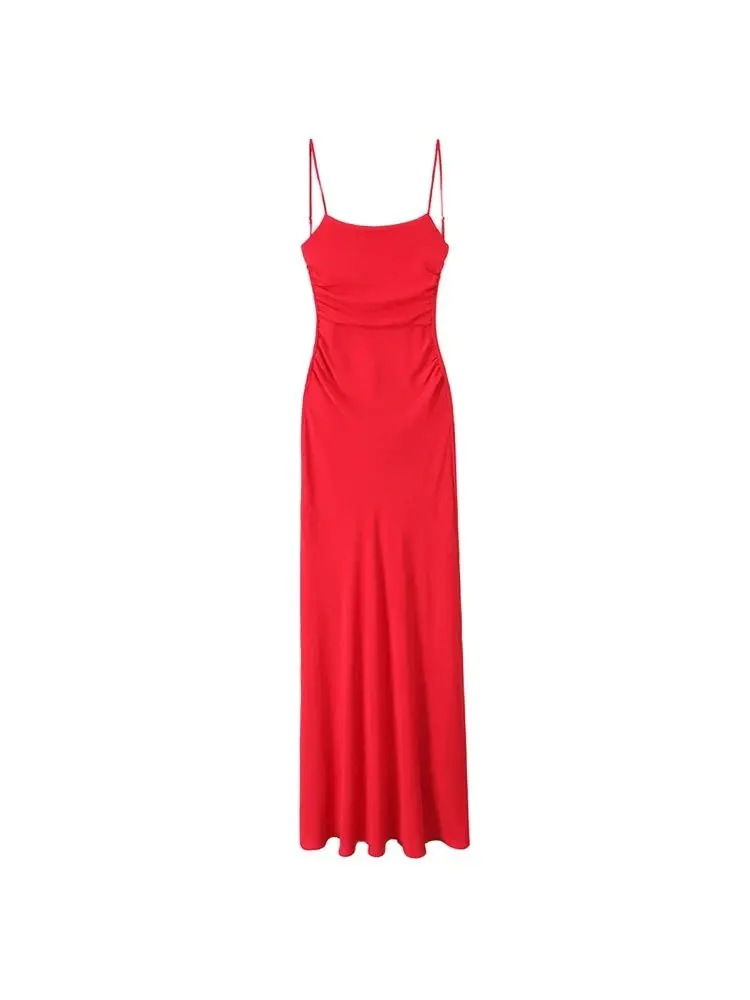 Draped Midi Dress for Women, Straight Neck, Thin Straps, Backless Female Dresses, Chic Fashion