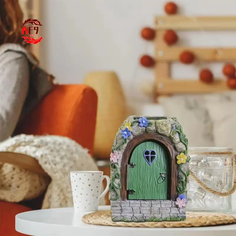 AF90-Porta da giardino fatata Cancello da giardino fatato per esterni Miniature di alberi in resina con gradini e porta aperta Casa illuminata mistica