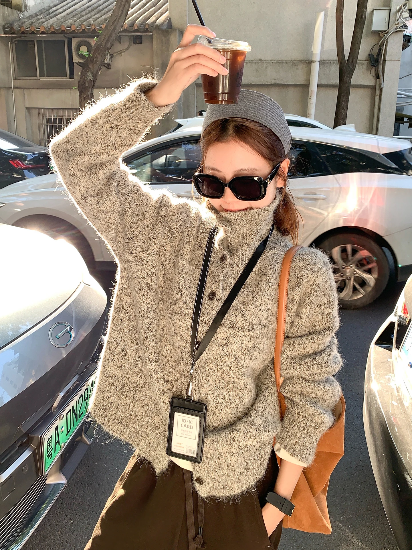 

Zeng Xiao Salt Korean Sle Loose Knitted Sweater Coat Women's Winter Warm Cardigan Top Coffee ey Stand Collar Long Sve