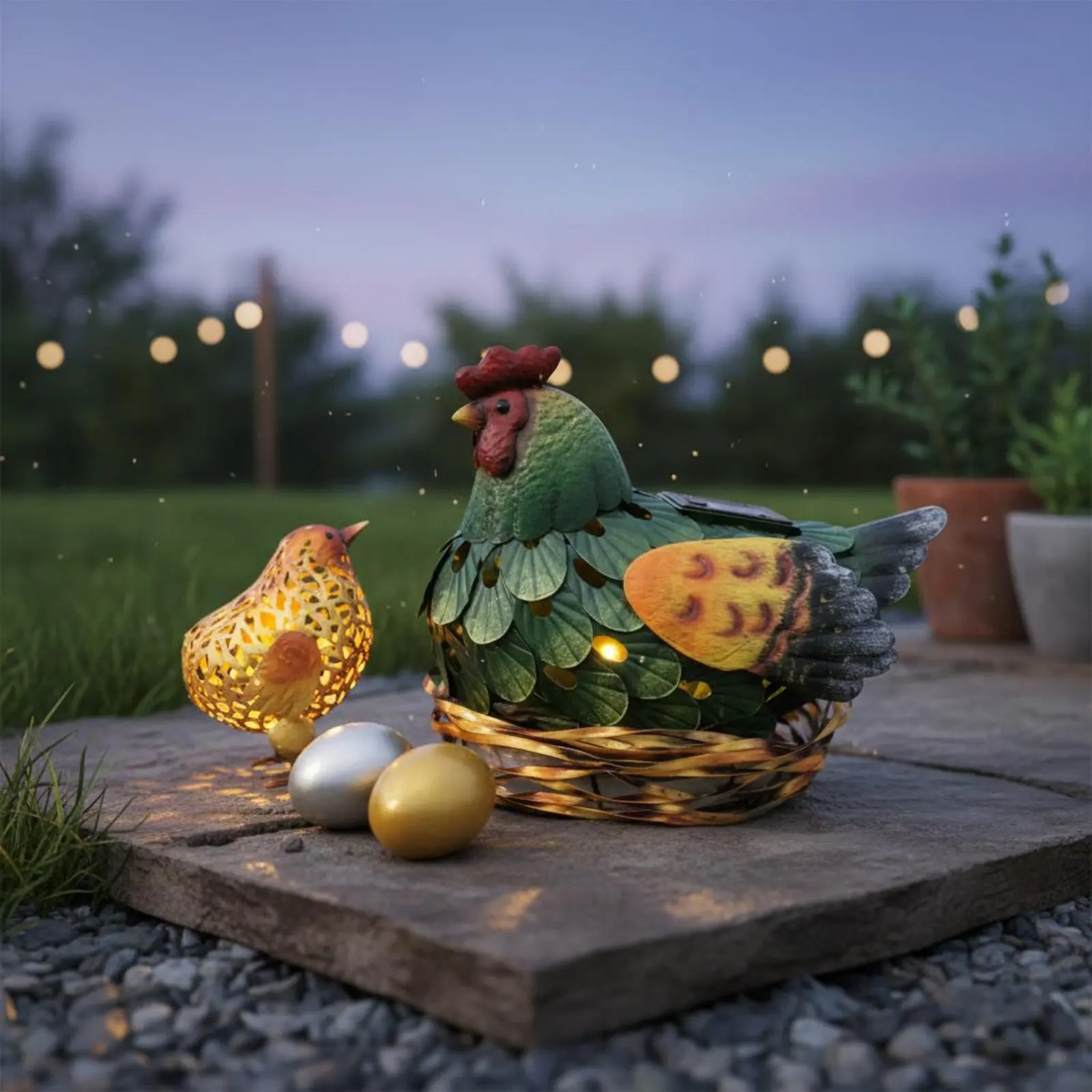 Solar Lantern Chicken Statue Outdoor Decorative Hen and Chicks Statue Lighted Chicken Yard Decor Weather-Resistant for Garden - view 6
