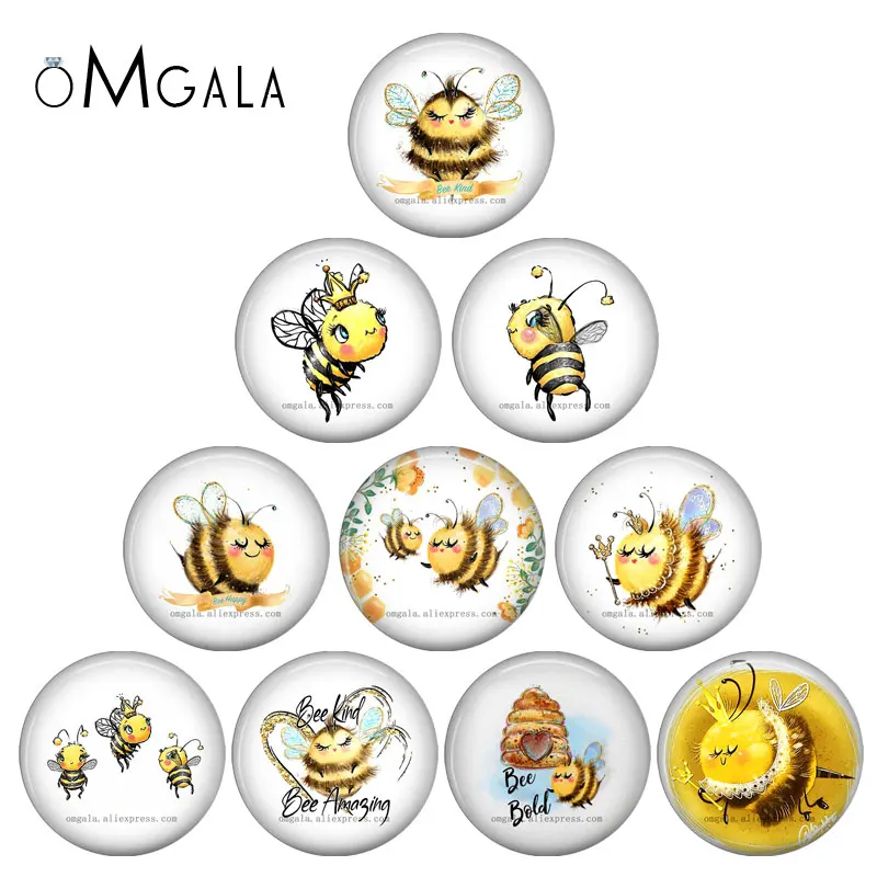 New Cute Bee Lovely Cartoon Bee happy Honey 10pcs 12mm/18mm/20mm/25mm Round photo glass cabochon demo flat back Making findings