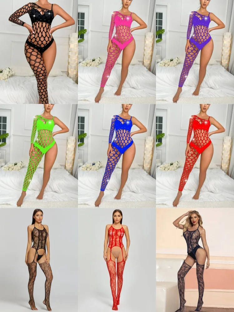 

Sexy Fishnet Rhinestone Single Sleeve Crystal Bodystockings Full Body Stage Club Dancewear Erotic Lingerie Parties Teddy Costume