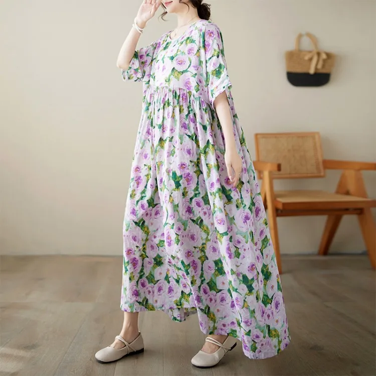 Plus Size Bohemian Print Maxi Long Dress for Women Floral Casual Cotton Linen Loose Vintage Vestidos Para Mujer Robe Dresses