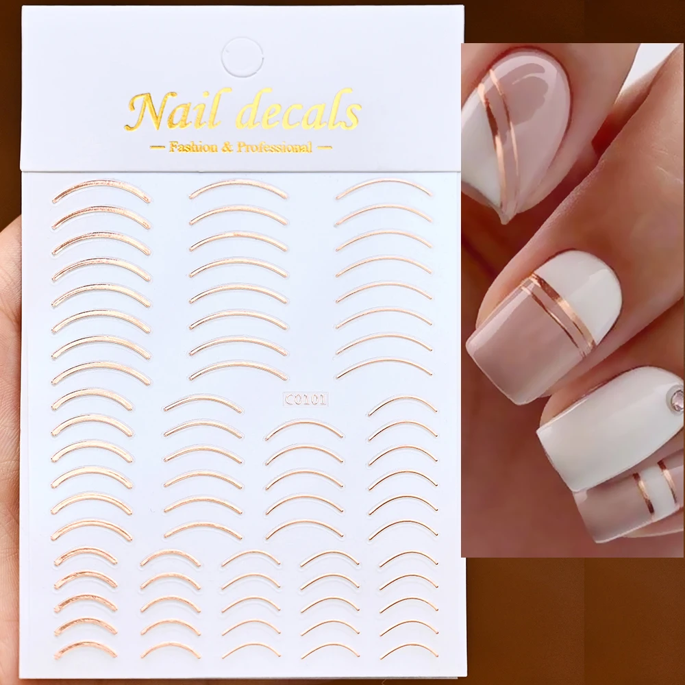 1Pcs Franse Lijn Streep 3D Nail Stickers 8*10 Goud Zilver Metalen Lijnen Transfer Stickers Multi-Ontwerp strip Wave Manicure Decals *