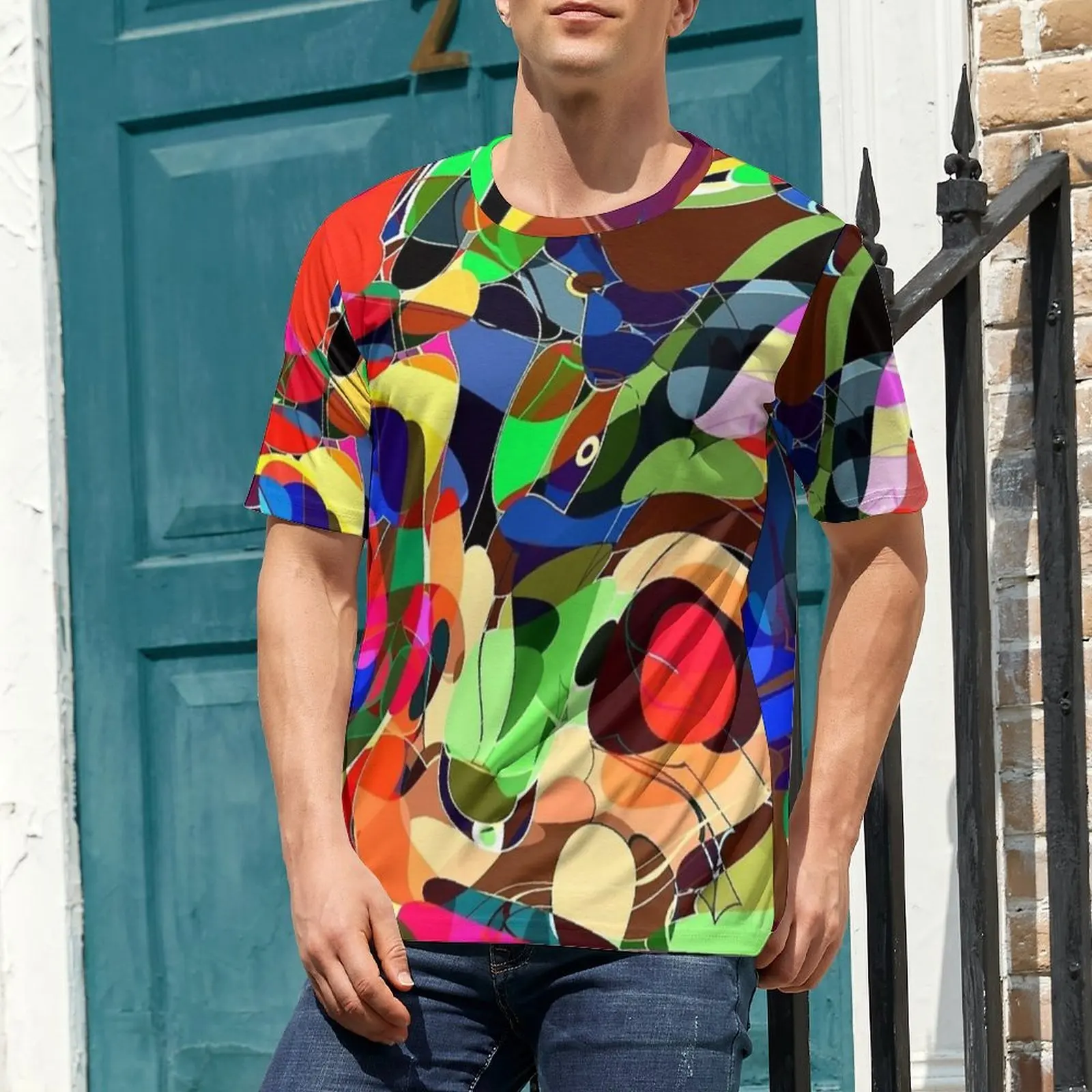 Bold Color Abstract Print T-Shirt  Cool T Shirts Male Kawaii Tshirt Original Short Sleeves Printed Clothes Plus Size