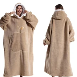 Winter Hooded Sweater Wearable Blanket Unisex Oversized Blanket With Sleeves Large Pocket Warm Cozy Soft Throw Adult TV Blanket