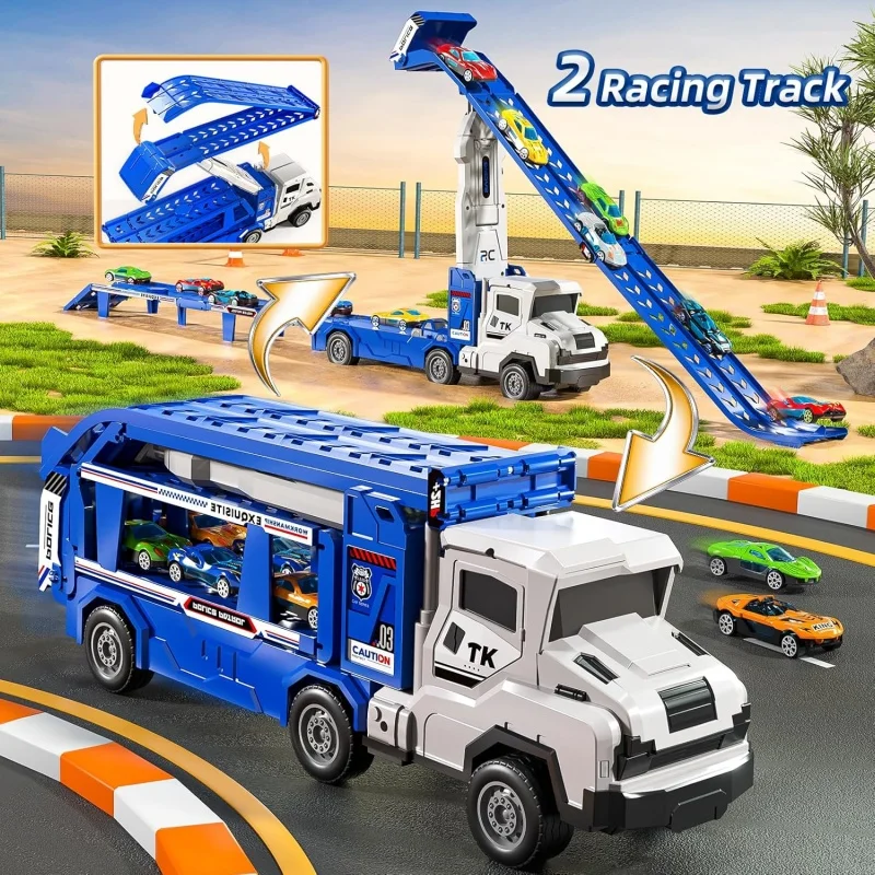 5 in 1 Dual Mode Rail Container Truck Toy Set with 4 Alloy Racing Cars Fun Transport Game for Boys And Girls Puzzle Gift