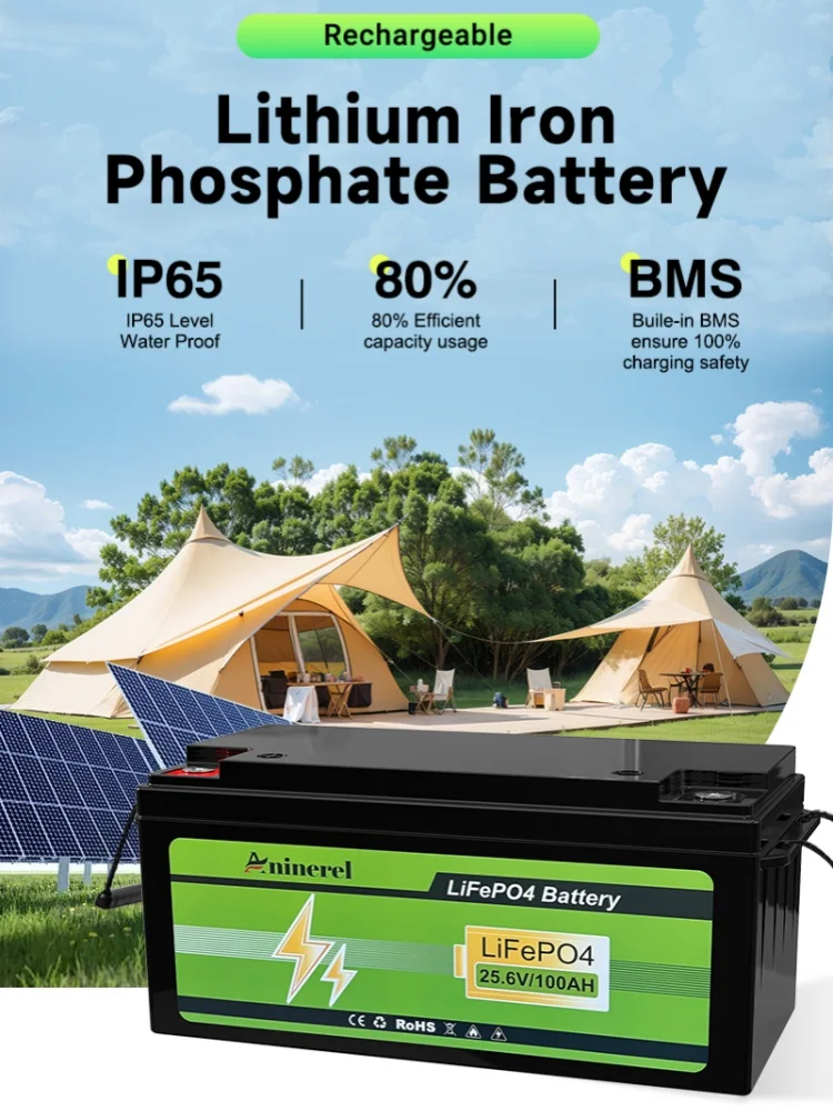 Aninerel 24v 100ah Bateria LiFePO4 Głębokocyklowa Bateria Akumulatorowa Litowo-Fosforanowa z Bluetoothem, ponad 6000 cykli, do paneli słonecznych — 2