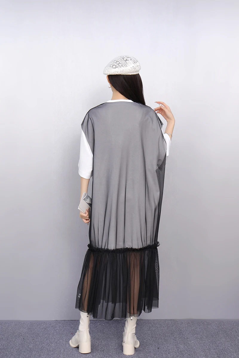 2025 夏のファッションエレガントなルーズメッシュロング Tシャツドレス女性半袖ドレスレディース卸売 J1124