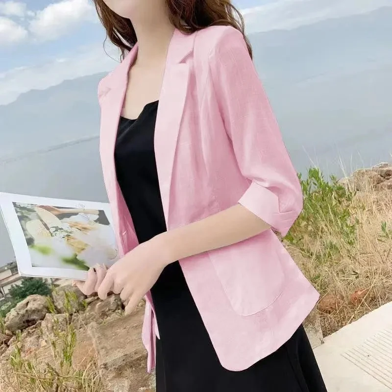 Cotton And Linen Suit Jacket Women\'s Coat Thin 2023 Spring Autumn Plus Size 5XL Korean Loose British Style Female Blazer Summer