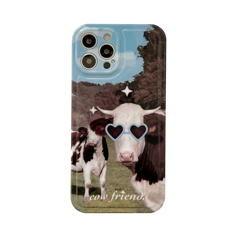 Divertenti occhiali da sole estivi cow friends farm partner art Phone Case per iPhone 15 14 13 12 Pro Max Case Cute Cover morbida antiurto