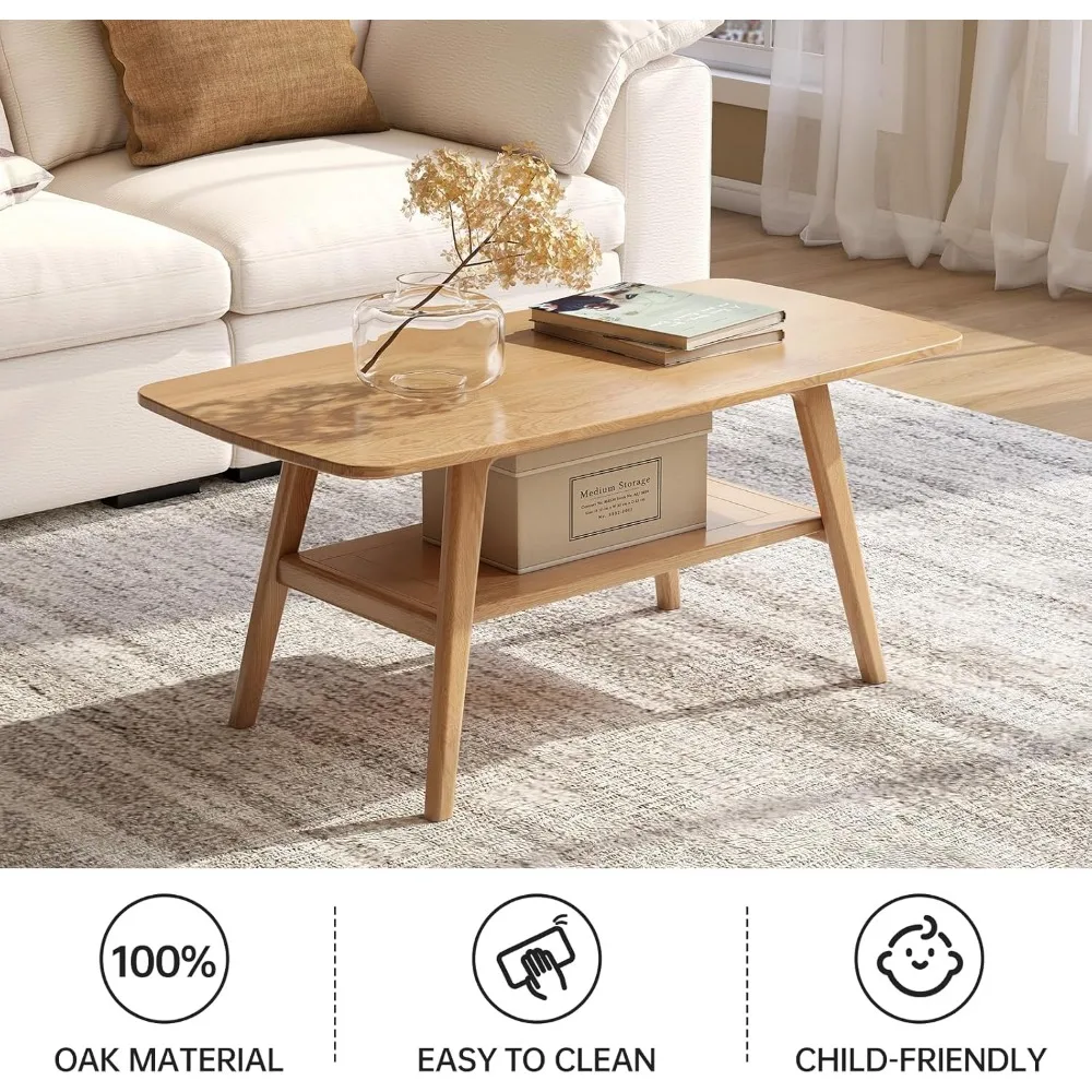 100% Solid Wood Coffee Table for Living Room, Mid Century Modern Small Tables with Shelf Storage, 2-Tier Storage Coffee Table wi