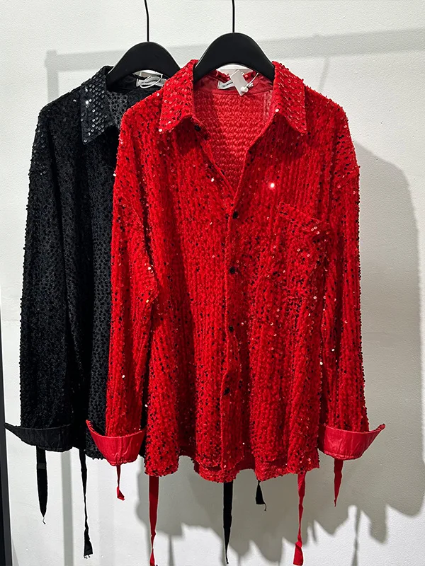 

Nightclub Stage Men's irt Irregular Design Glitter Top Trendy Brand Original High-End Feeling Youth Cotton Polyester Long S...