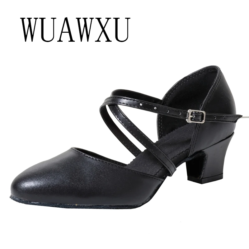 New Black True Cowhide Baotou Latin Dance Shoes Women\'s Low Heel Adult Square Social Dance Shoes