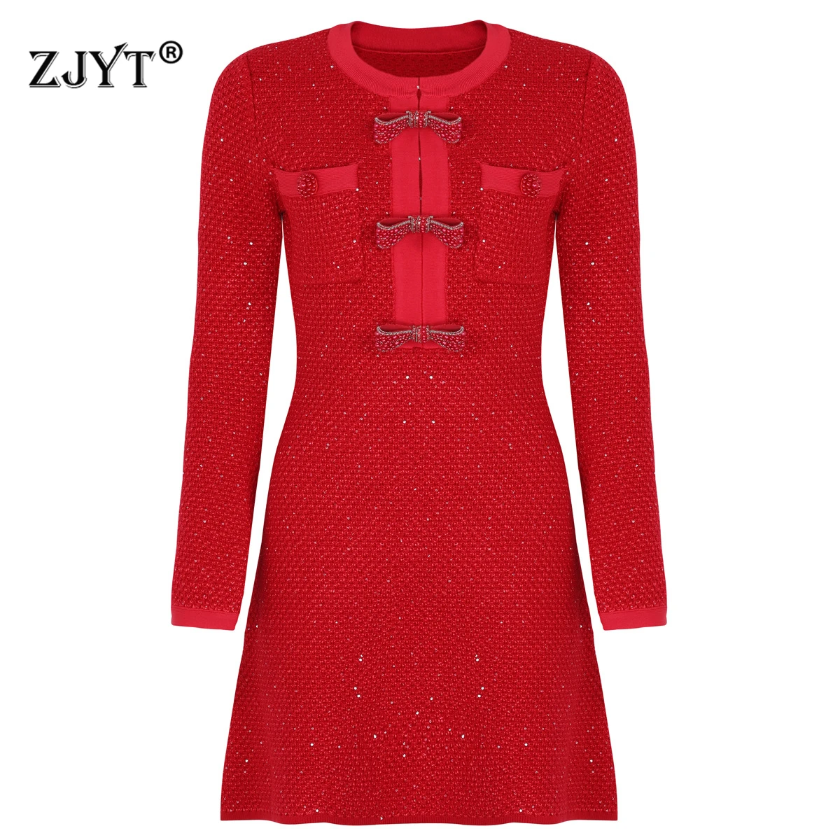 

ZJYT осенне-зимнее вязаное платье-свитер с длинными рукавами, женское платье 2022, подиумная мода, красные вечерние платья с бантом и бисером, повседневные платья