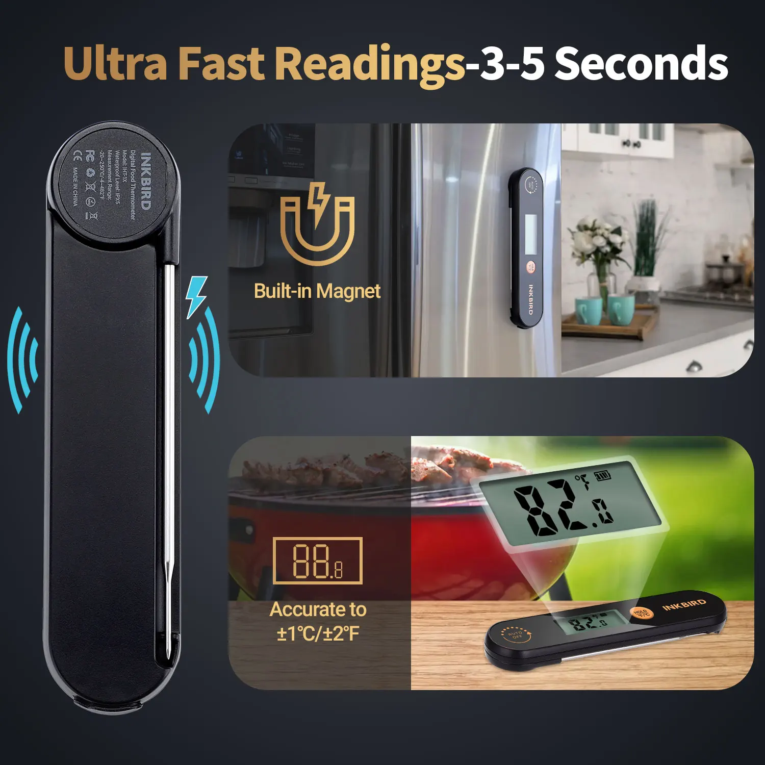 INKBIRD New Rechargable 2 In 1 Folding Digital Backlight Oven Meat Thermometer For Kitchen Cooking Waterproof BBQ Tools