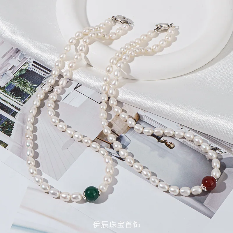 

Freshwater Pearl Necklace Rice Beads Red Green Agate Accessories