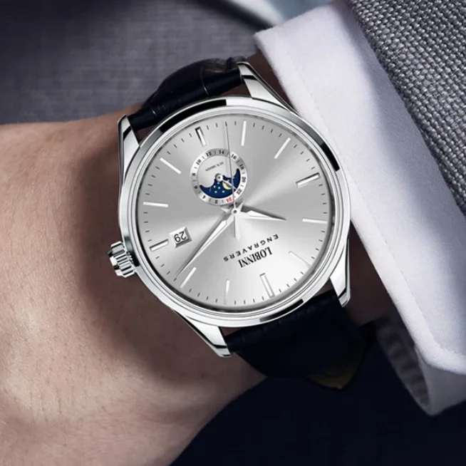 

Мужские автоматические часы LOBINNI, 40,5 мм, механические наручные часы, светящиеся, водонепроницаемые до 50 м, с сапфировым стеклом, датой, 24-часовым циферблатом и индикатором положения Солнца и Луны