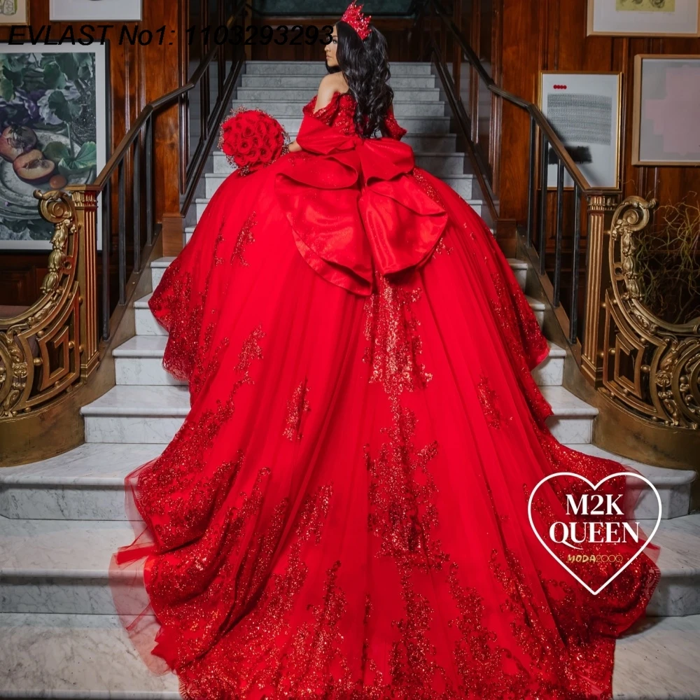 

EVLAST Customized Sparkly Red Sequins Ball Gown Quinceanera Dress Applique Beading Bow Sweet 16 Vestidos De 15 Anos E1QN118