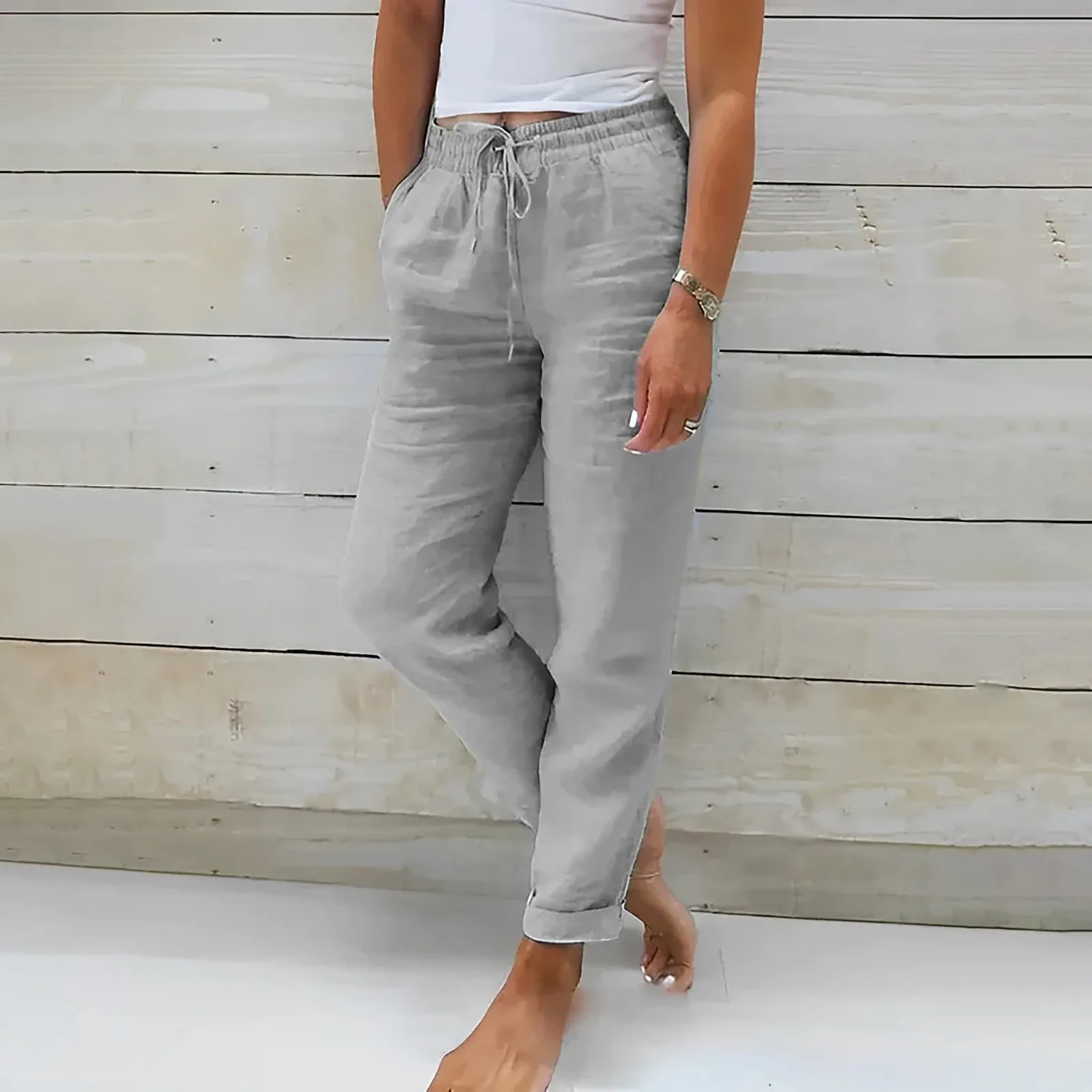 

Cotton Linen Blended Summer Pants Solid Color Drawstring Casual Thin Women Trousers Elastic Waist Joggers