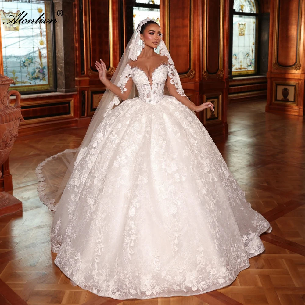 Alonlivn Customize Made Full Over Lace Ball Gown Wedding Dresses Beaded Shiny Embroidery Sweetheart Vintage Wedding Gowns
